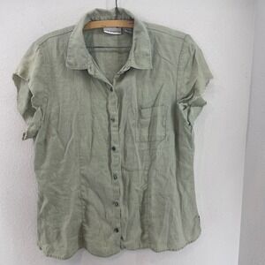Distressed Linen Button Down Short Sleeve Shirt Womens XL Green Croft & Barrow